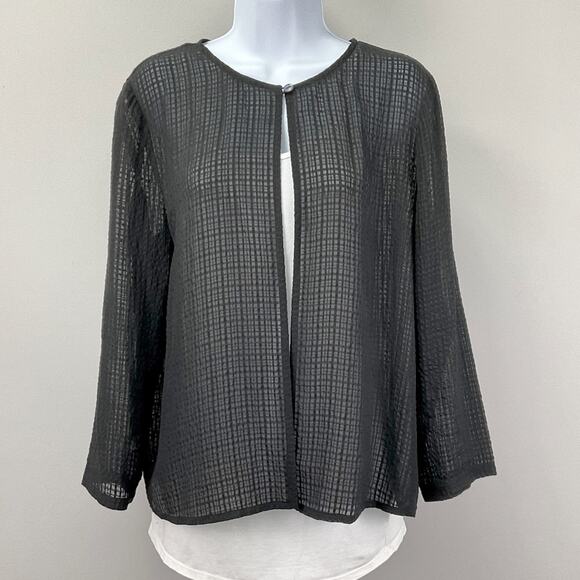 Eileen Fisher Black Semi-Sheer Windowpane Silk Cardigan, Sz S - Picture 1 of 8